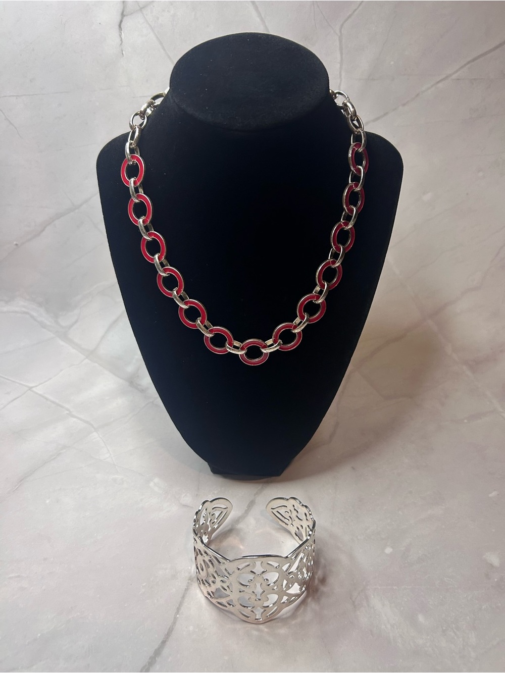Silver and Red Chain-Link Necklace with cuff bracelet